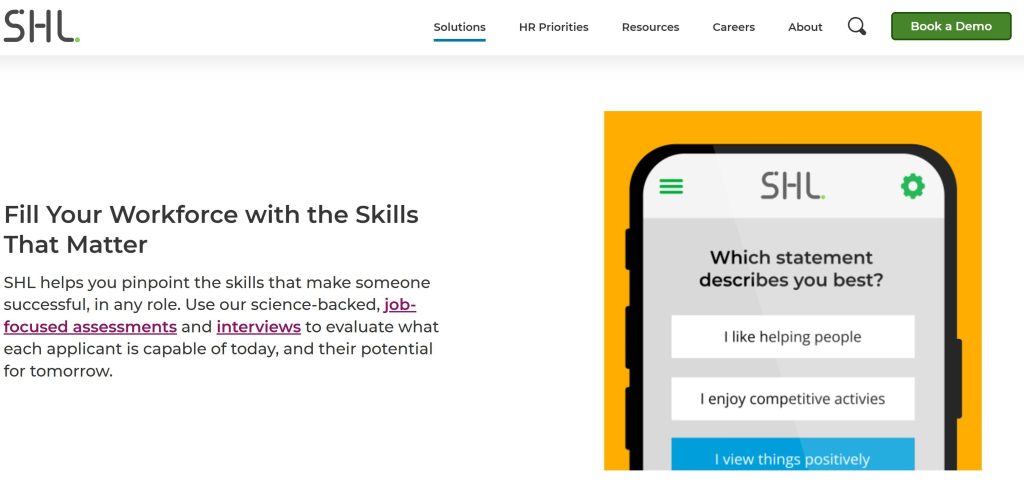 SHL template pre hire assessment tools